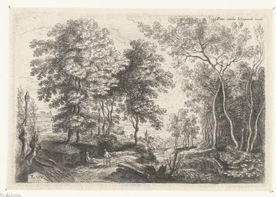 Landschap met een beek door een bos door Lucas van Uden