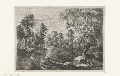 Landschap met een beek en een jager door Lucas van Uden