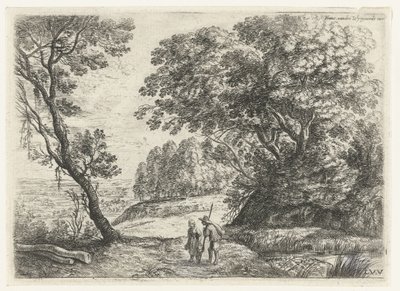 Landschap met een man en vrouw in gesprek Zes landschappen (serietitel) door Lucas van Uden