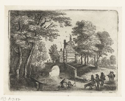 Landschap met een rivier, een brug en ruiters Kleine landschappen (serie) door Lucas van Uden