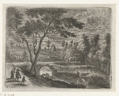 Landschap met een ruïne van een brug door Lucas van Uden
