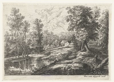 Landschap met huizen en een kerk omringd door een muur door Lucas van Uden