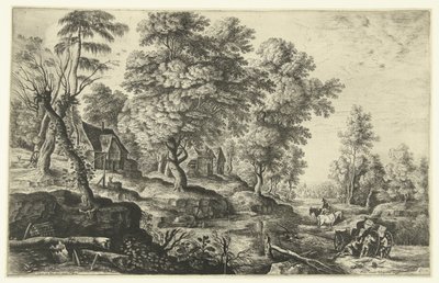Landschap met mannen die uitgespannen wagen duwen door Lucas van Uden