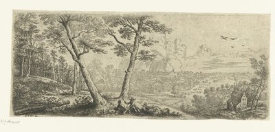 Landschap met twee converserende mannen Brede landschappen (serie titel) door Lucas van Uden
