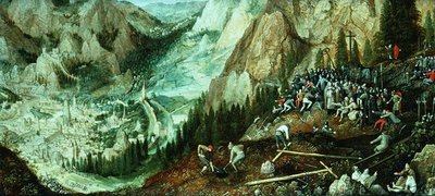 Landschap met Jeruzalem, Christus die het kruis draagt en voorbereidingen op de heuvel van Golgotha door Lucas van Valckenborch