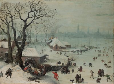 Winterlandschap met sneeuwval bij Antwerpen door Lucas van Valckenborch