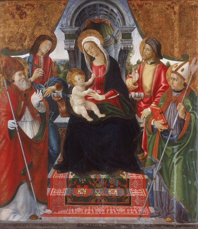 Maagd en Kind met heiligen Nicolaas, Sebastiaan, Rochus en Martinus door Lucchese School Late 15th Century