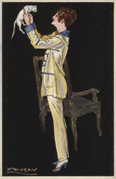 Meisje in pyjama met witte kat door Luciano Achille Mauzan