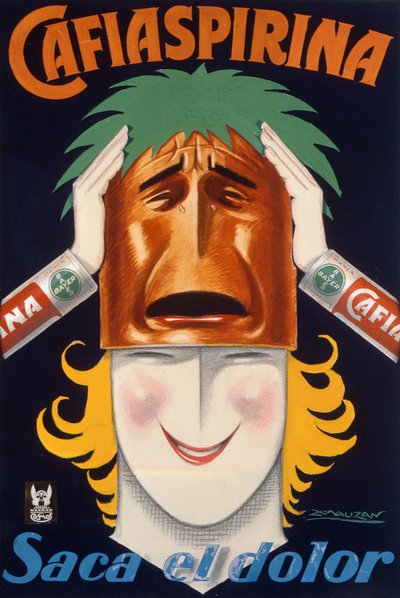 Poster geproduceerd in Argentinië om Cafiaspirina aspirine te adverteren door Luciano Achille Mauzan