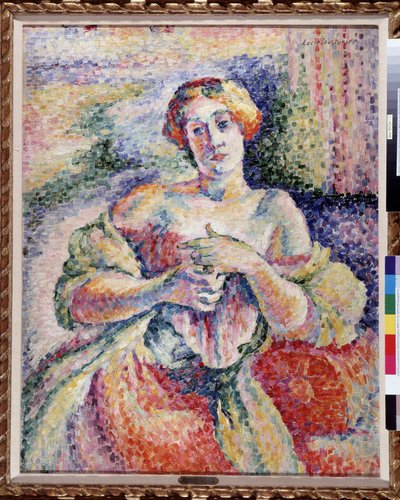 Vrouw in roze en blauw door Lucie Cousturier