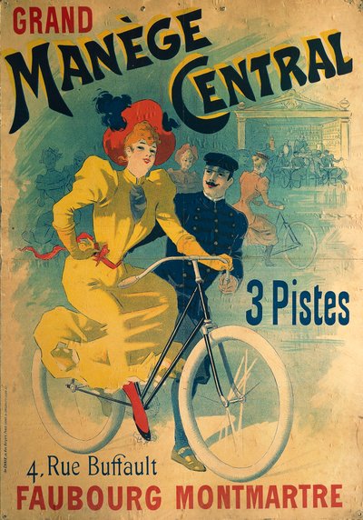 Grand Manege Central, reclameposter voor fietsbaan met vrouw op fiets door Lucien Baylac