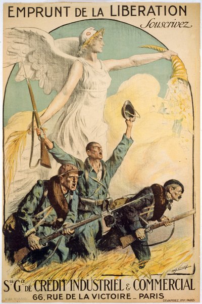 Emprunt de la Liberation, Souscrivez, Sté. Gle. de Crédit Industriel & Commercial, uitgegeven in Parijs, c.1917 (kleur litho) door Lucien Hector Jonas
