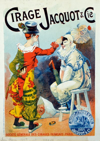 Reclame voor Jacquot poetsmiddel. Twee clowns maken zich op met poetsmiddel. Tekening door Lucien Lefevre (1850-?). 1894 Parijs. Arts Decoratifs - Advertentie voor was Jacquot: Twee clowns maken zich op met schoenpoets, door Lucien Lefevre door Lucien Lefevre