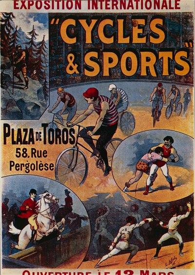 Exposition Internationale Cycles et Sports, advertentie voor internationale tentoonstelling gewijd aan sport, illustratie door Lucien Lefevre, poster door Lucien Lefevre