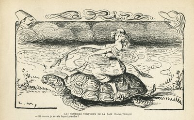 Illustratie in Le Rire, 05/10/12 - De kronkelige paden van vrede Italo-Turks - Oorlog, Turkije, Italië, Vrede - Schildpad - Animatie, Allegorie (gravure) door Lucien Metivet