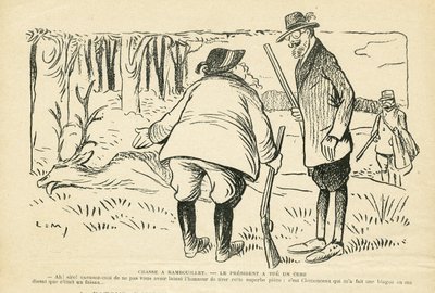 Illustratie in Le Rire, 05/12/08 - Jacht in Rambouillet - Natuur Vegetatie, Jacht jager, President van de Republiek, Rambouillet - Clemenceau Georges, Fallieres Armand (1841-1931), Hert door Lucien Metivet