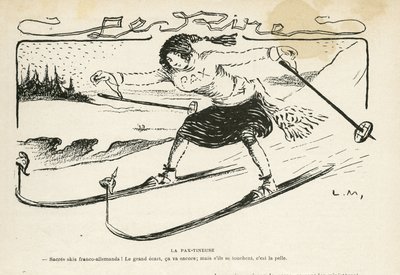 Illustratie in Le Rire, 24/02/12 - La pax-tineuse - Duitsland Pruisen, Sport, Vrede, Skiën, Sneeuw, Frans-Duitse betrekkingen, Eerste Wereldoorlog - Marianne - Sport, Allegorie (gravure) door Lucien Metivet