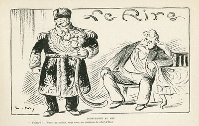 Illustratie in Le Rire, 27/07/12 - Vertrouwen aan de bey - Kolonisatie - Fallieres Armand, Naceur Bey (Mohamed el-Naceur Bey) (gravure) door Lucien Metivet