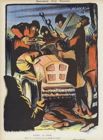 Satire op de Parijs-Madrid autorace van 1903. Illustratie voor Le Rire door Lucien Metivet