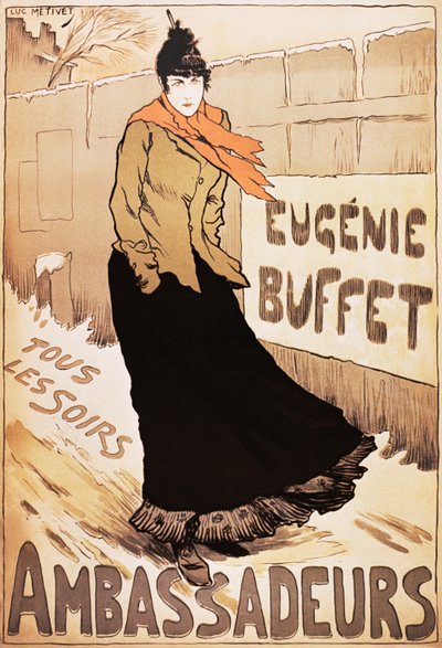 Vintage poster van de Franse zangeres Eugenie Buffet die in de sneeuw loopt door Lucien Metivet