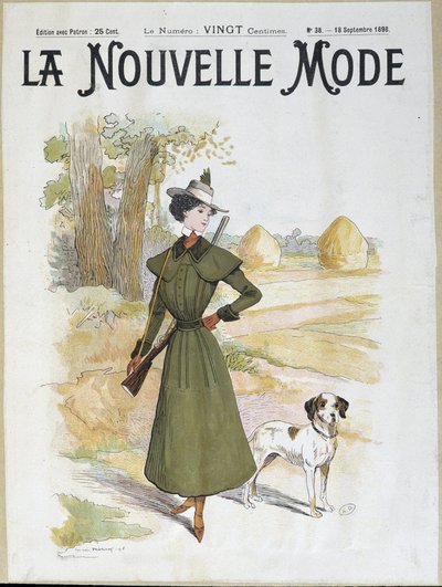 Vrouw in jachtkleding met een geweer - in "La Nouvelle Mode" van sept. 1898 door Lucien Metivet