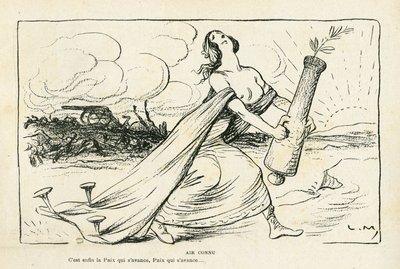 Illustratie in Le Rire, 03/05/13 - Vertrouwde Lucht - Balkan, Geweren, Granaten, Vrede, Eerste Wereldoorlog (gravure) door Lucien Metivet
