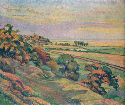 Rye vanaf Cadborough, Zonsondergang, 1913 door Lucien Pissaro