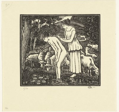 Daphnis wordt gewassen door Chloë door Lucien Pissarro