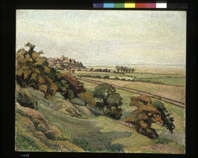 Rye vanuit Cadborough, zonsondergang door Lucien Pissarro