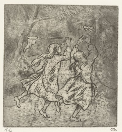 Twee meisjes aan het vlinders vangen door Lucien Pissarro