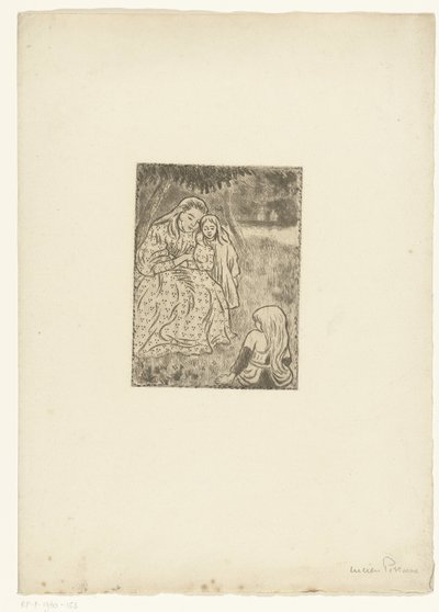Vrouw met twee meisjes in een weide door Lucien Pissarro
