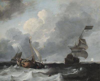 Een storm aan de kust met Man o War en vissersboten door Ludolf Backhuysen