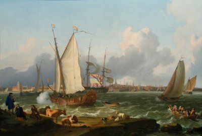 Uitzicht vanaf het eiland Nesserland op Emden door Ludolf Backhuysen