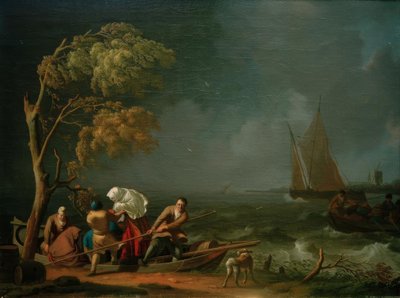 De veerboot bij storm door Ludolf Backhuysen