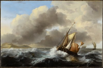 Vissersschepen voor de kust in een zware zee, 1864 door Ludolf Backhuysen