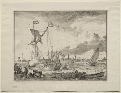 Zicht op Amsterdam met schepen op de voorgrond door Ludolf Backhuysen