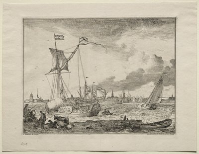 Gezicht op Amsterdam met schepen op de voorgrond, 1701 door Ludolf Backhuysen