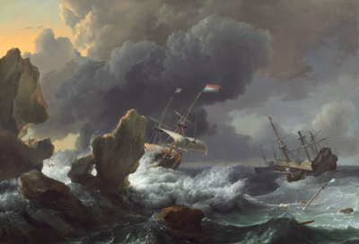 Schepen in nood bij een rotsachtige kust door Ludolf Backhuysen I