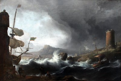Duits: Stürmische See an bergiger Küste Stormachtige zeeën aan een bergachtige kust door Ludolf Bakhuizen
