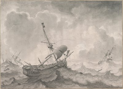 Schepen op een stormachtige zee door Ludolf Bakhuizen