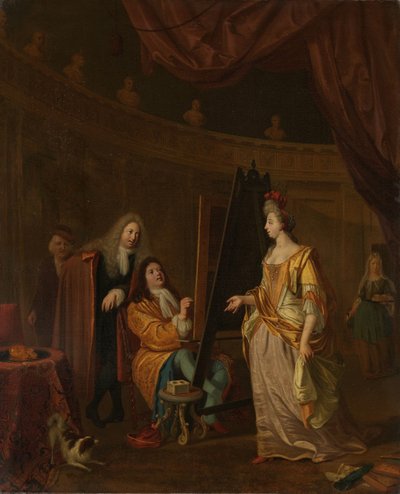 Een kunstenaar in zijn atelier, schildert het portret van een dame door Ludolf Bakhuysen