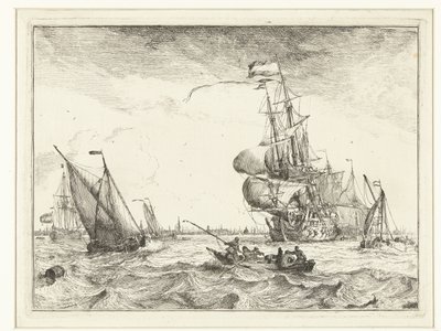 Gezicht op het IJ met roeiboot door Ludolf Bakhuysen