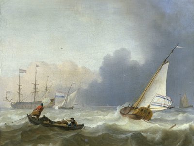 Ruwe zee met een Nederlands jacht door Ludolf Bakhuysen