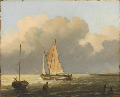 Zeeën voor de kust, met sprietzeilschuit door Ludolf Bakhuysen