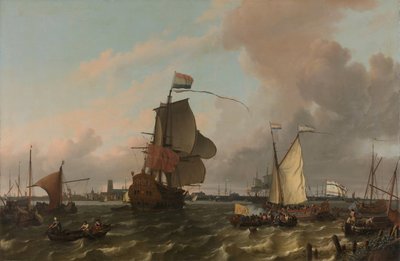 Het oorlogsschip Brielle op de Maas bij Rotterdam door Ludolf Bakhuysen