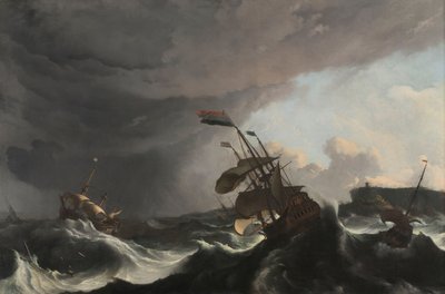 Oorlogsschepen in een zware storm door Ludolf Bakhuysen