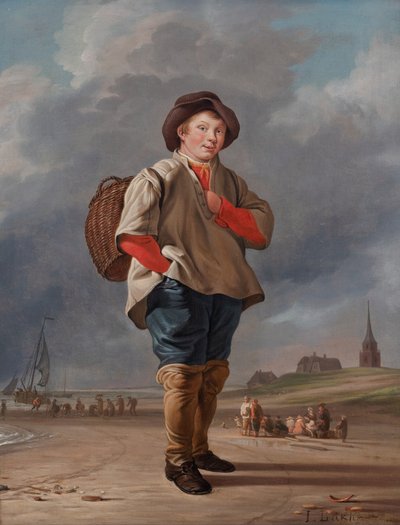 Een vissersjongen op het strand door Ludolf I Backhuysen