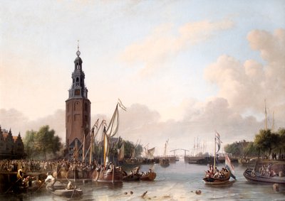 Een man van rang die in Amsterdam aan boord gaat door Ludolf I Backhuysen