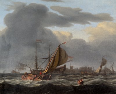 Een Oorlogsschip voor Anker in een Woeste Zee door Ludolf I Backhuysen