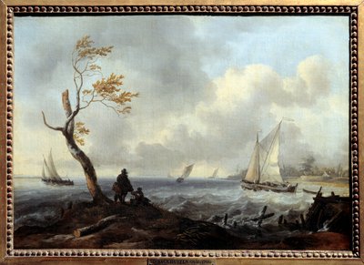 Vissersboot en kustboot in slecht weer door Ludolf I Backhuysen